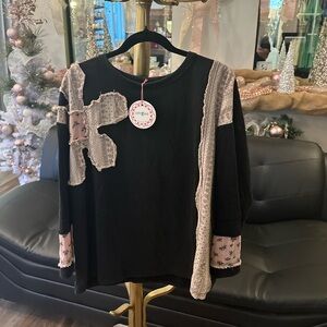 Umgee Black and Pink Patchwork Sweatshirt